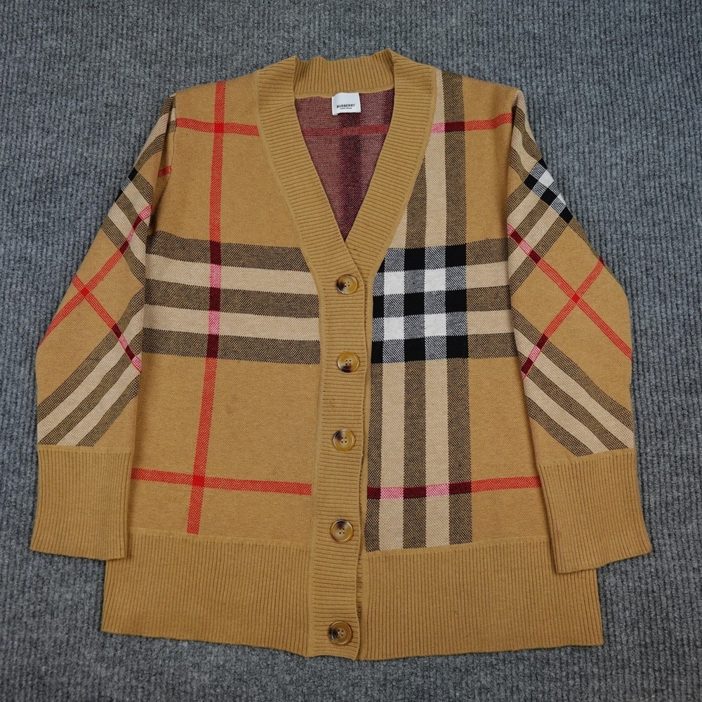 Burberry Nova Check Cardigan Sweater Womens Small Beige Plaid Wool Drop Shoulder